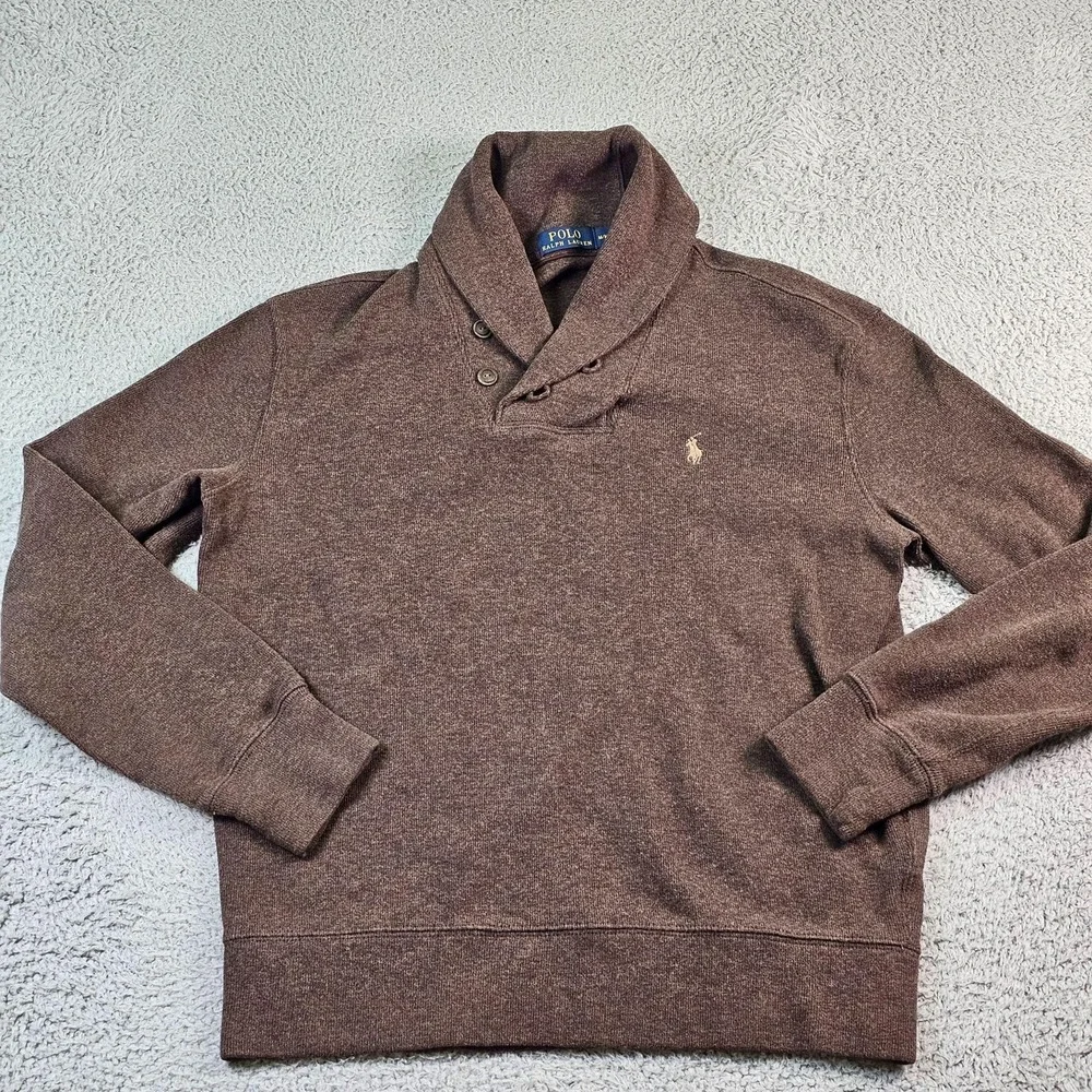 Polo Ralph Lauren Sweater Mens Medium Brown Cotton Shawl Collar Henley Pullover